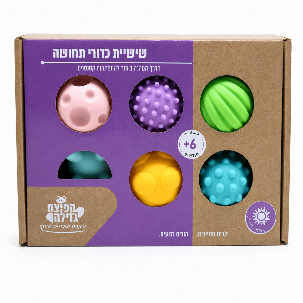 סט 6 כדורי תחושה צבעוניים לתינוקות עם מגוון מרקמים ובליטות לפיתוח חושי ומוטוריקה עדינה, מגיל 6 חודשים.