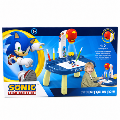 שולחן מקרן ציור Sonic the Hedgehog עם שקופיות וטושים צבעוניים להקרנה, העתקה וצביעה, מתאים מגיל 3