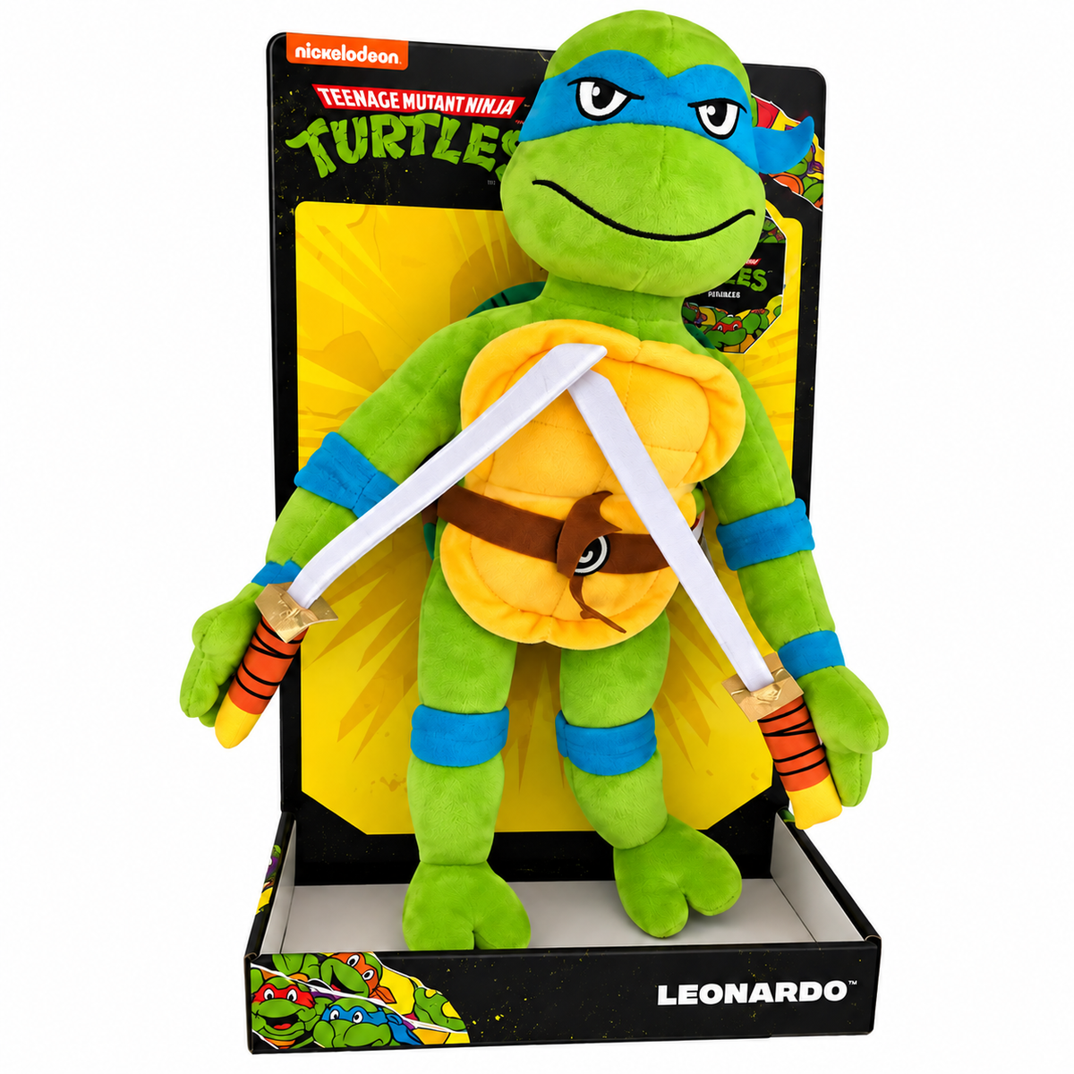 בובת פרווה לאונרדו של Teenage Mutant Ninja Turtles בגובה כ־28 ס״מ עם מסכה כחולה ושתי חרבות.