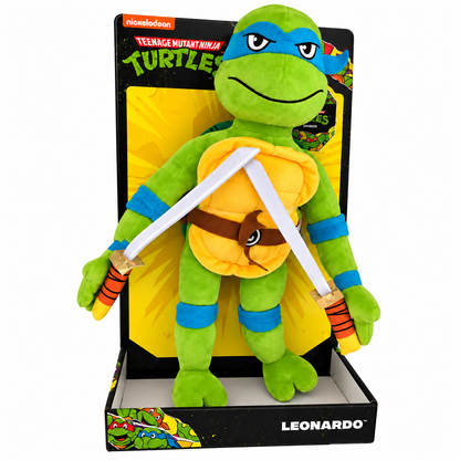 בובת פרווה לאונרדו של Teenage Mutant Ninja Turtles בגובה כ־28 ס״מ עם מסכה כחולה ושתי חרבות.