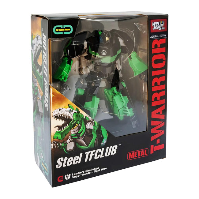 רובוט משנה צורה WEI JIANG Steel TFCLUB T-WARRIOR בצבעי ירוק ושחור עם שילוב רכיבי מתכת, מתאים לגילאי 6 ומעלה.