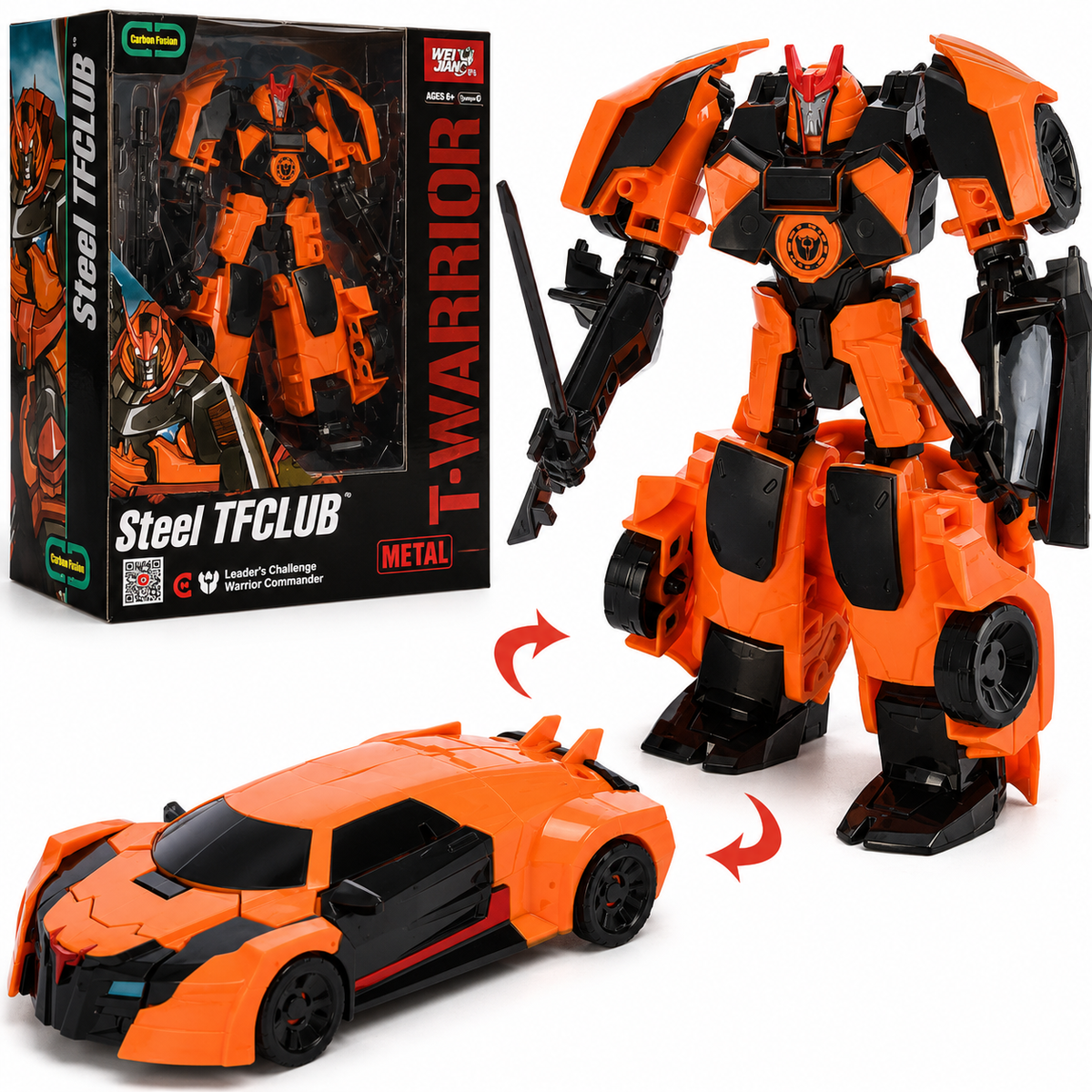 רובוט משנה צורה WEI JIANG Steel TFCLUB T-WARRIOR בצבעי כתום ושחור, הופך למכונית ספורט ומגיע עם חרב, לגילאי 6 ומעלה.