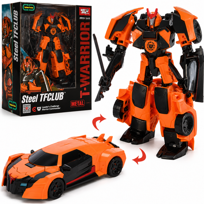 רובוט משנה צורה WEI JIANG Steel TFCLUB T-WARRIOR בצבעי כתום ושחור, הופך למכונית ספורט ומגיע עם חרב, לגילאי 6 ומעלה.