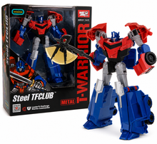 רובוט משנה צורה WEI JIANG Steel TFCclub F-WARRIOR בצבעי אדום וכחול עם גרזן קרב ושילוב רכיבי מתכת, לגילאי 6 ומעלה.