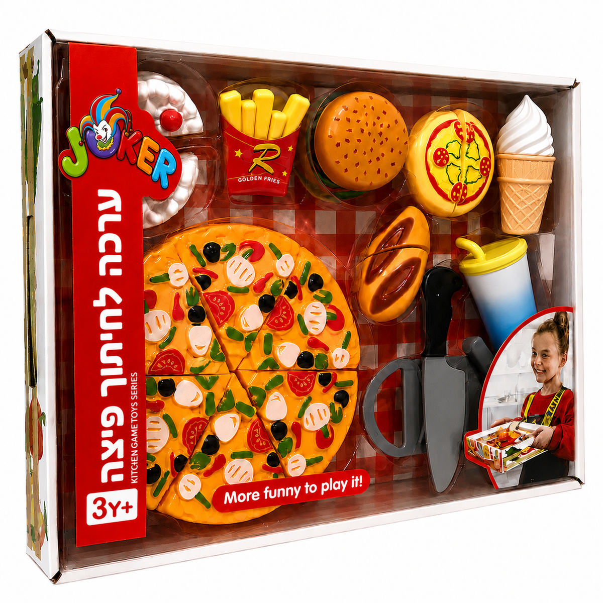 ערכת מזון לחיתוך XIABAO TOYS לילדים עם פיצה, המבורגר, צ׳יפס, גלידה, מאכלים נוספים וסכין משחק