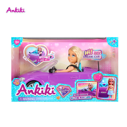 בובת Ankiki בתוך רכב קבריולט סגול באריזה צבעונית לילדים