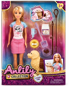 בובת ANLILY עם כלבלב ואביזרי טיפול הכוללים רצועה, כלי אוכל, בקבוק ומברשת לילדים מגיל 3+
