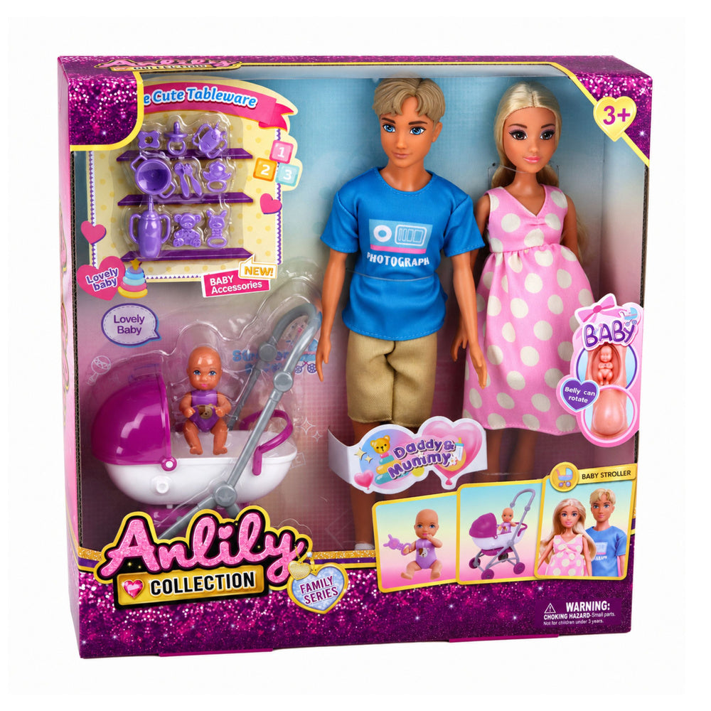 סט משפחת ANLILY עם אבא, אמא בהריון, תינוק, עגלת תינוק ואביזרי טיפול לגיל 3+
