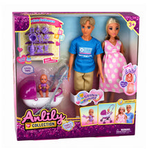 סט משפחת ANLILY עם אבא, אמא בהריון, תינוק, עגלת תינוק ואביזרי טיפול לגיל 3+
