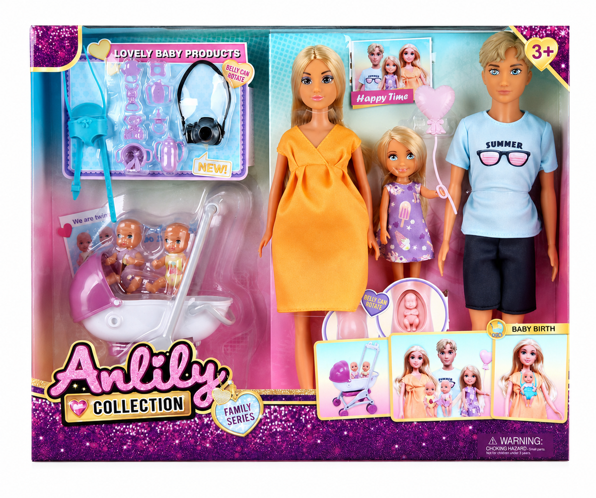 סט משפחת ANLILY עם אמא, אבא, ילדה, תאומים, עגלת תינוק ואביזרי טיפול לגיל 3+
