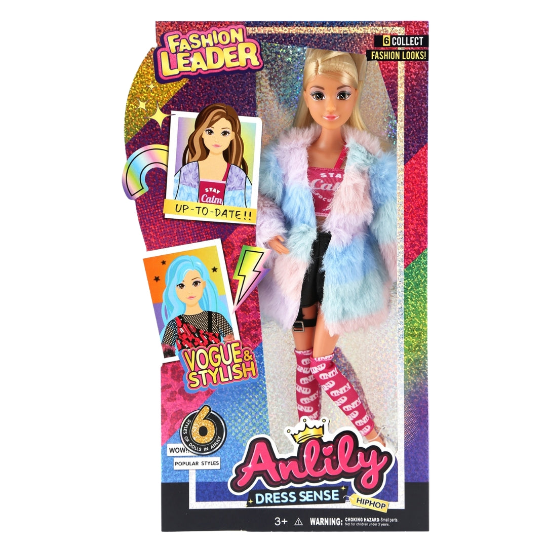 בובת ANLILY Fashion Leader בלונדינית עם מעיל פרוותי תכלת־ורוד ולבוש HipHop לגיל 3+
