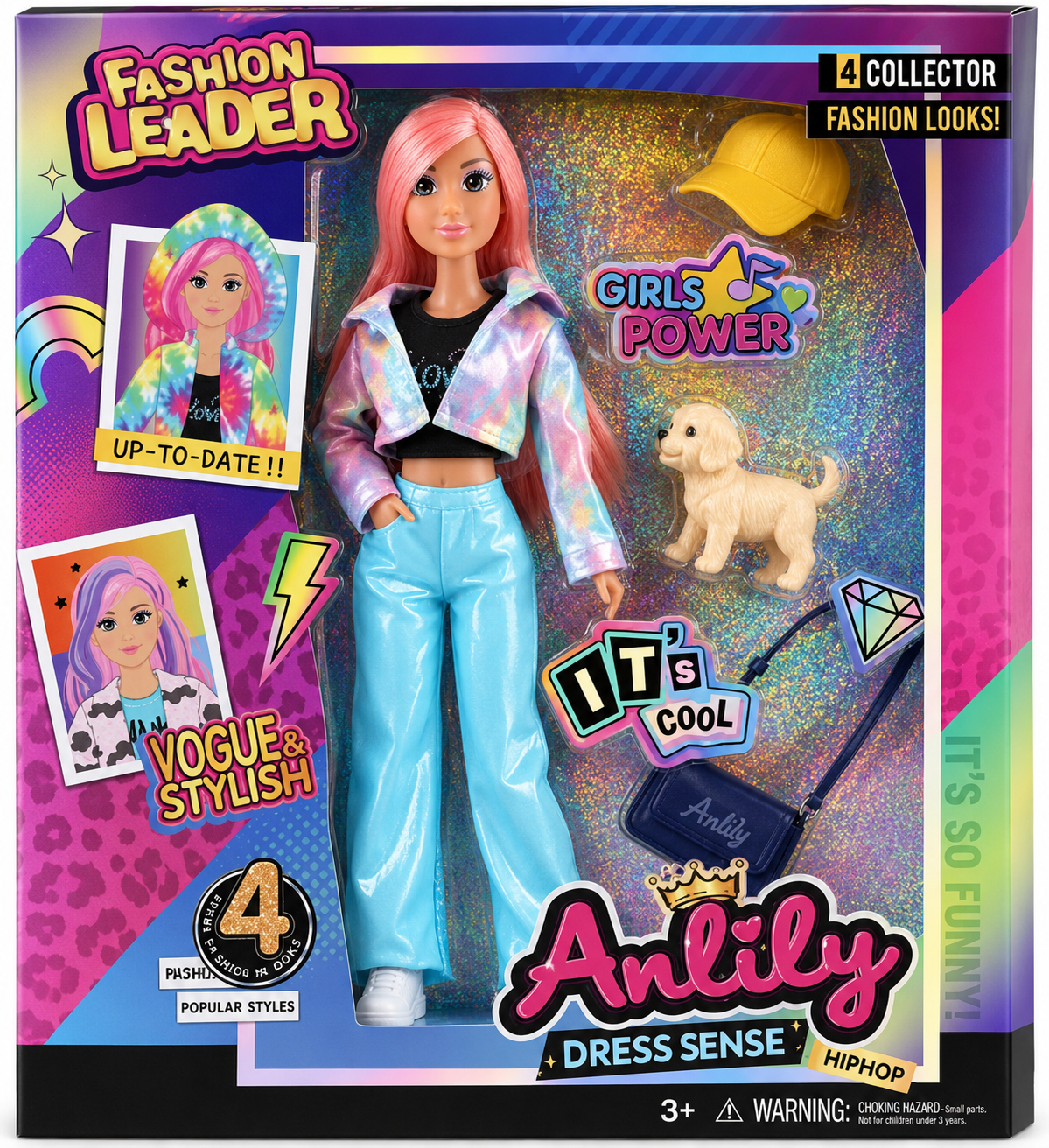 בובת ANLILY Fashion Leader עם שיער ורוד, ז׳קט צבעוני ומכנסיים תכלת עם אביזרים לגיל 3+
