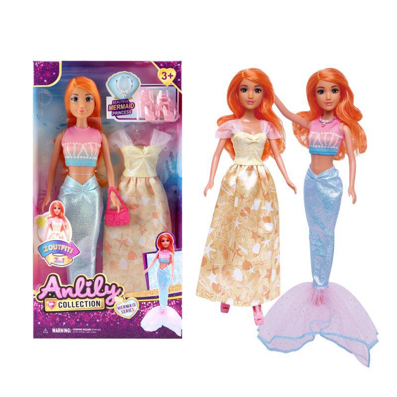 בובת ANLILY בת ים 2 ב-1 עם שיער כתום, זנב תכלת ושמלה נוספת בגווני שמנת וזהב לגיל 3+
