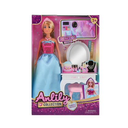 בובת ANLILY נסיכה בשמלה כחולה וורודה עם שולחן איפור, מראה ואביזרי יופי לילדים מגיל 3+
