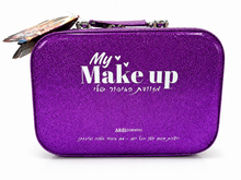ערכת איפור לילדים Ariel Cosmetics במזוודה סגולה נוצצת עם מראה, מברשות, צלליות, לקים ואביזרים
