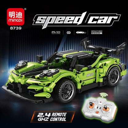 מכונית ספורט ירוקה להרכבה MINGDI Speed Car 8739 עם 369 חלקים ושלט רחוק 2.4GHz, לגילאי 14+
