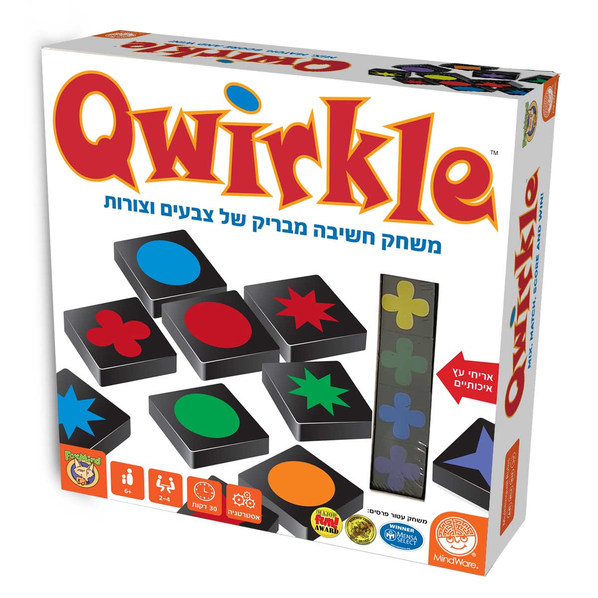 משחק קווירקל Qwirkle מבית FoxMind עם 108 אריחים צבעוניים בצורות שונות למשחק חשיבה ואסטרטגיה