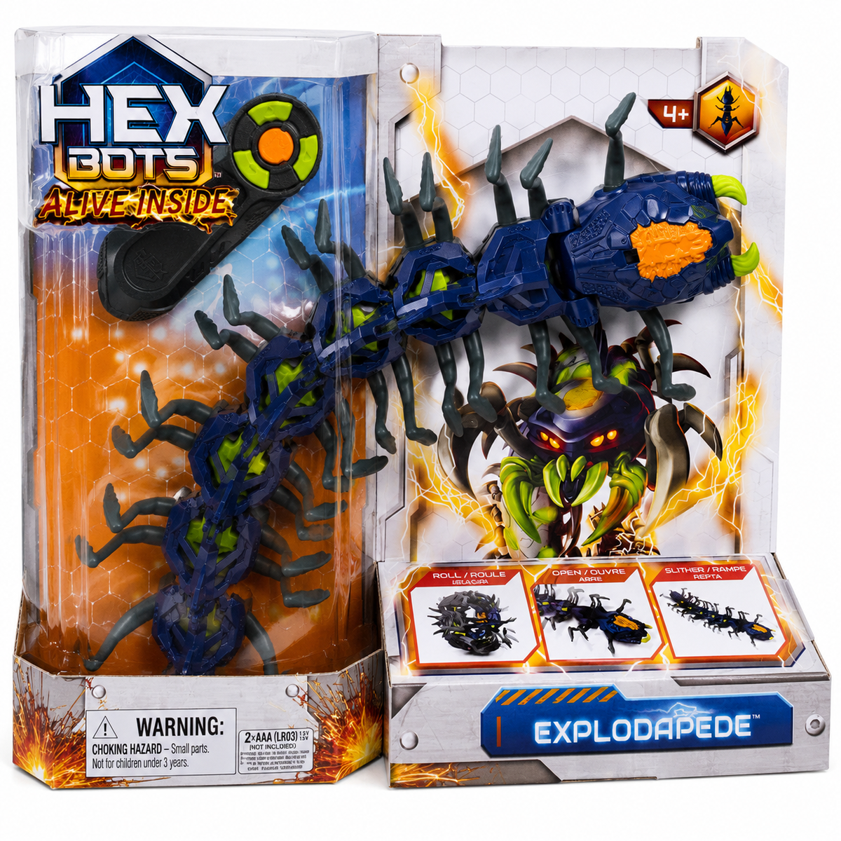 רובוט מרבה רגליים HEX BOTS Explodapede על שלט, מתקפל לכדור עם תאורת LED ותנועה זוחלת