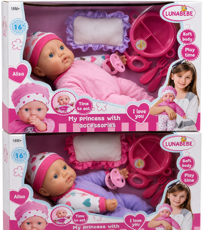 בובת תינוק Lunabebe Alisa בגודל 16 אינץ׳ עם גוף רך, מוצץ ואביזרי טיפול מגיל 18 חודשים
