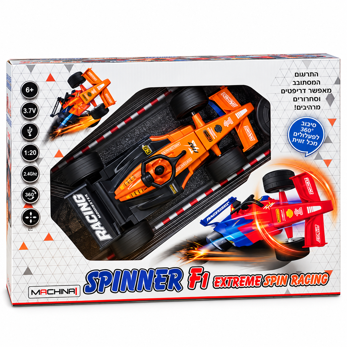 מכונית Spinner F1 כתומה על שלט מבית MACHINAI בקנה מידה 1:20 עם סיבוב 360 מעלות וסוללת 3.7V נטענת