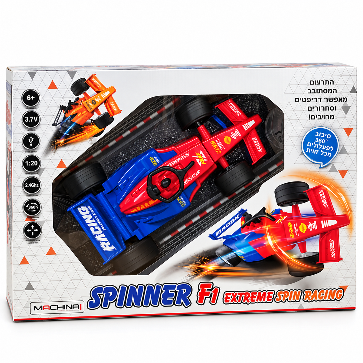 מכונית Spinner F1 אדומה על שלט מבית MACHINAI בקנה מידה 1:20 עם סיבוב 360 מעלות וסוללת 3.7V נטענת