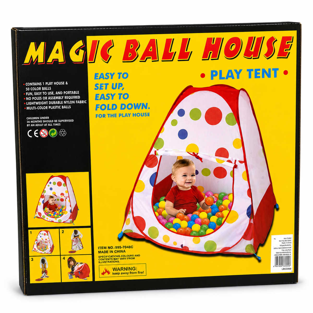 אוהל משחק Magic Ball House מתקפל עם 50 כדורים צבעוניים לילדים מגיל 3+
