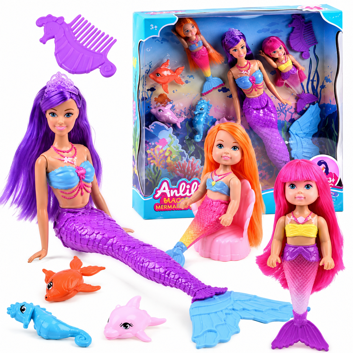 סט 3 בובות בת ים Magical Mermaids צבעוניות עם שיער ארוך, מסרק, כיסא וחיות ים לגיל 3+
