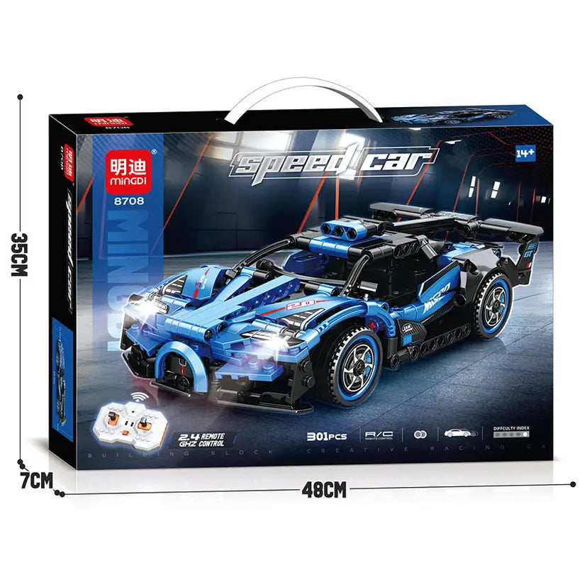 מכונית ספורט כחולה להרכבה MINGDI Speed Car 8708 עם 301 חלקים ושלט רחוק 2.4GHz, לגילאי 14+
