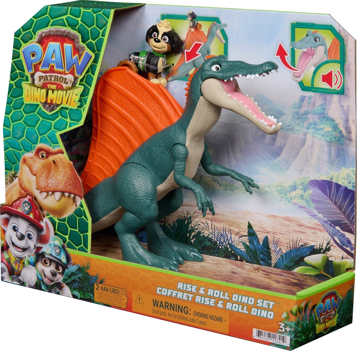 סט PAW Patrol The Dino Movie עם ספינוזאורוס גדול ודמות רקס, כולל תנועה ואפקטים קוליים

